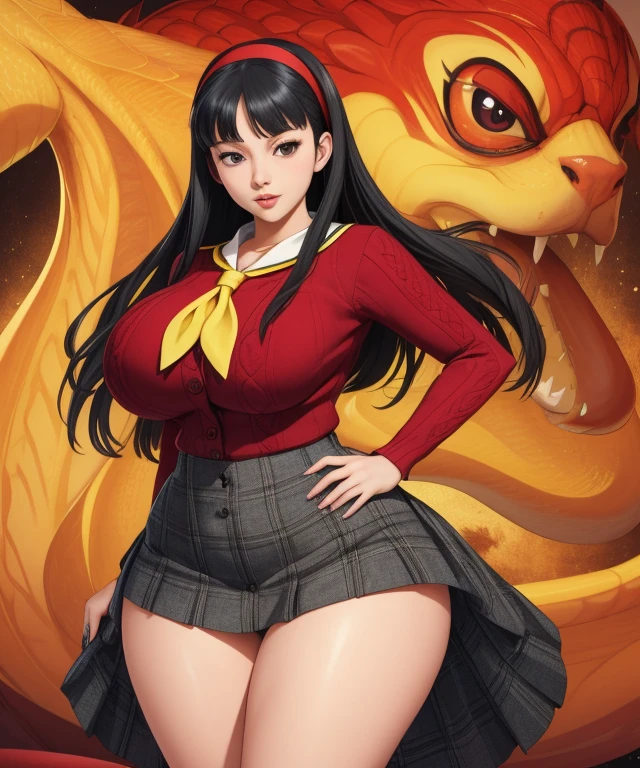 (best quality), (masterpiece), 1 girl, early 20's, huge heavy breasts, busty, massive breasts, thick, thick lips, wide hips, thin waist, yukiko, red cardigan, plaid skirt, yellow neckerchief