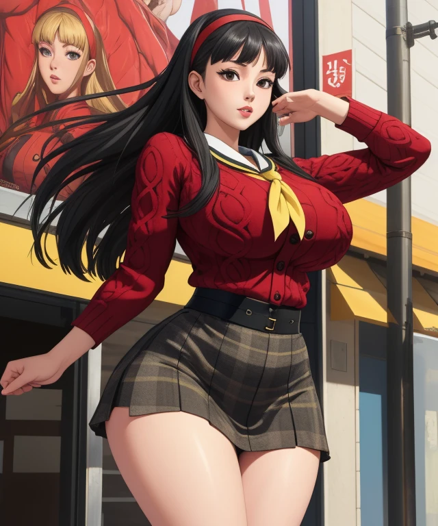 (best quality), (masterpiece), 1 girl, early 20's, huge heavy breasts, busty, massive breasts, thick, thick lips, wide hips, thin waist, yukiko, red cardigan, plaid skirt, yellow neckerchief