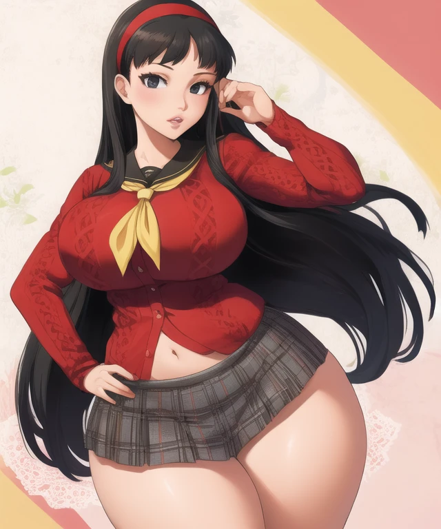 (best quality), (masterpiece), 1 girl, early 20's, huge heavy breasts, busty, massive breasts, thick, thick lips, wide hips, thin waist, yukiko, red cardigan, plaid skirt, yellow neckerchief