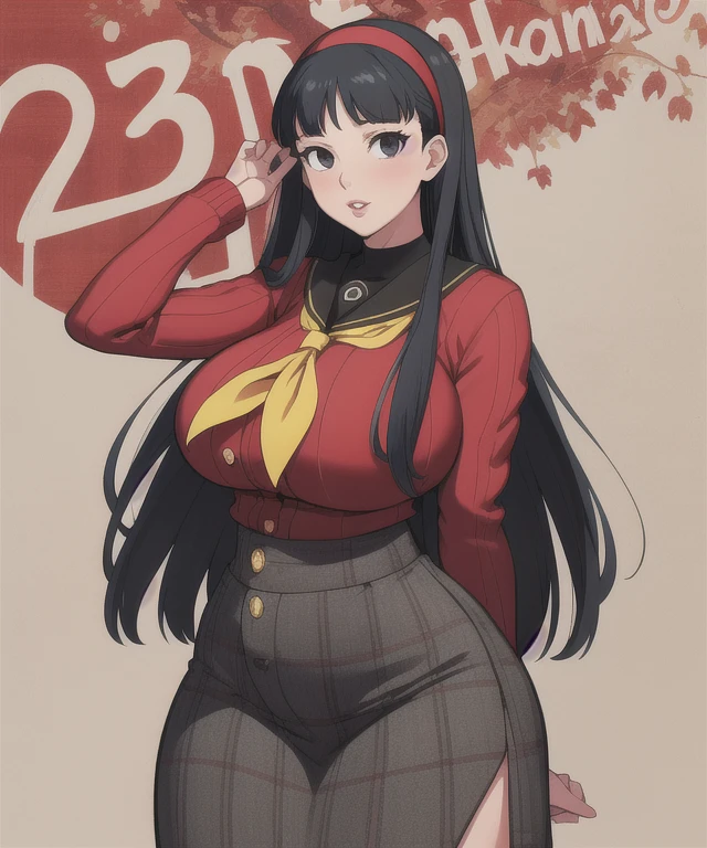 (best quality), (masterpiece), 1 girl, early 20's, huge heavy breasts, busty, massive breasts, thick, thick lips, wide hips, thin waist, yukiko, red cardigan, plaid skirt, yellow neckerchief