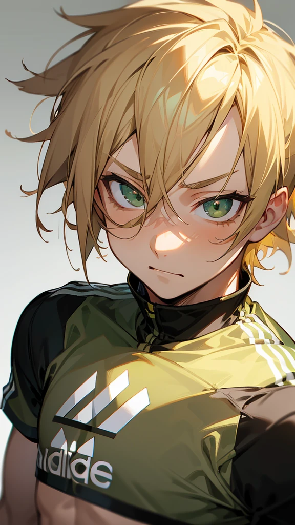 Blonde hair green eyes  , high resolution, HD Model, shorth hair , motion lines, Naughty face expression￼ Anime style,1 young boy , male body ￼ Cute expression with adidas Set￼ without Beard￼￼