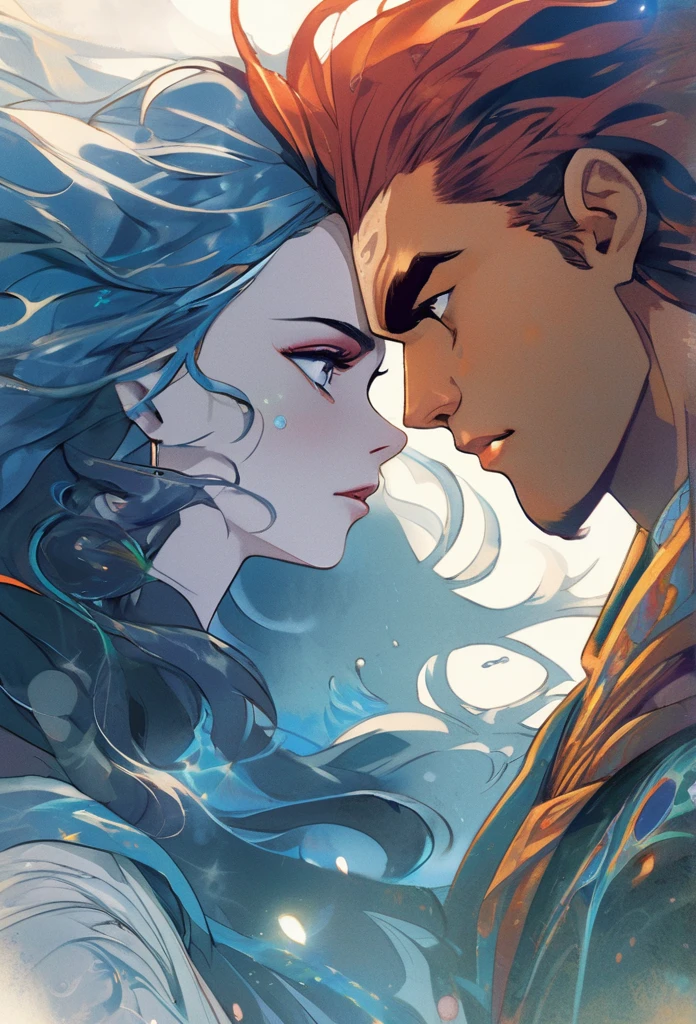 A book cover featuring the faces of two main characters staring at each other with intensity. The woman has long curly red hair, eyes with a mixture of honey and green, radiating a mysterious and fascinating aura. The man has short white hair with shades of light blue, deep gray-blue eyes and a blue tattoo that runs up his neck. In the background, a planet in shades of white and blue, with ethereal details that suggest an otherworldly atmosphere. The characters' expressions are full of emotion, capturing the tension and connection between them. The lighting should highlight the details of the faces and the vibrant colors of the hair and eyes, while the planet in the background adds a touch of fantasy and mystery.