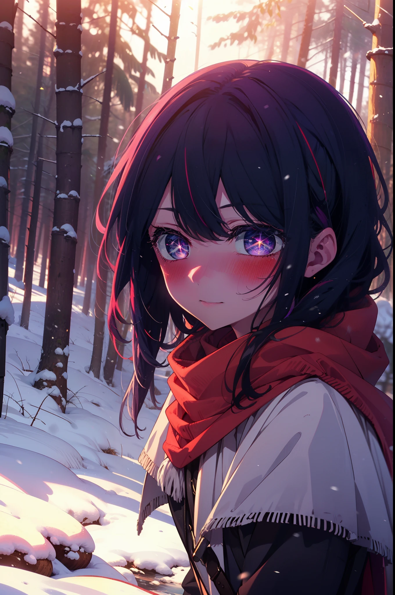 aihoshino, Ai Hoshino, Long Hair, bangs, (Purple eyes:1.1), Purple Hair, (Symbol-shaped pupil:1.5), smile,,smile,blush,white breath,
Open your mouth,snow,Ground bonfire, Outdoor, boots, snowing, From the side, wood, suitcase, Cape, Blurred, , forest, White handbag, nature,  Squat, Mouth closed, Cape, winter, Written boundary depth, Black shoes, red Cape break looking at viewer, Upper Body, whole body, break Outdoor, forest, nature, break (masterpiece:1.2), Highest quality, High resolution, unity 8k wallpaper, (shape:0.8), (Beautiful and beautiful eyes:1.6), Highly detailed face, Perfect lighting, Highly detailed CG, (Perfect hands, Perfect Anatomy),
