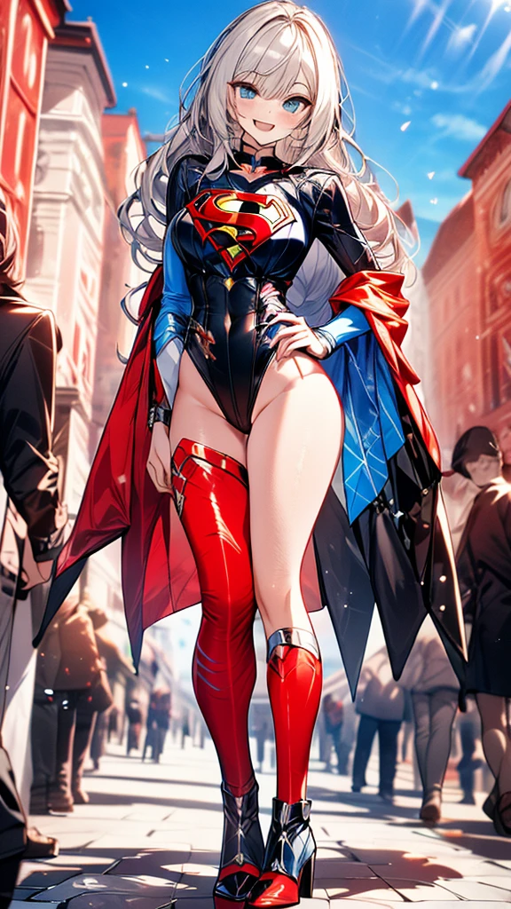 ((full body)),masterpiece, 4K, 8k, high quality, Very detailed, Detailed face, High resolution, Vibrant colors, Natural light, Best Shadow, Shallow depth of field, Portraiture (Supergirl:1.1) , smile, Blue leotard, Red Cape, red boots with heels, Grey Hair，delicate, Captivating blue eyes, Nice medium sized breasts, , (Superman symbol on chest:1.2), , blue sky, sunlight, cloud, sun, bloom, Cowboy Shot, Hands on hips, smile, Open your mouth, 