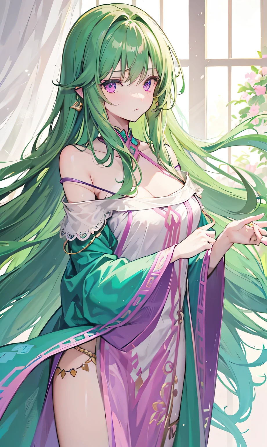 Green brown long hair，Slim, tall, and light as a swallow，Pink purple eyes，Turquoise decoration，Lightweight, soft, fresh light green shirt，Brothel Beauty，Seductive and tender，Off-shoulder，Keep your head up and your chest out，Serving People，Love Charm