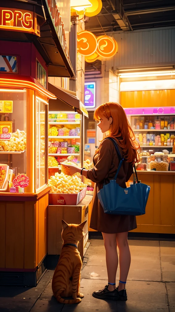 At the brightly lit concession stand, the young lady with a friendly and vibrant aura, dressed in a casual brown dress, purchases a large bucket of popcorn at the movie hall. The orange cat and the orange tabby kitten is seen standing in the queue along with the young lady for buying popcorn. The background is filled with vibrant concession displays, creating a lively and engaging scene.