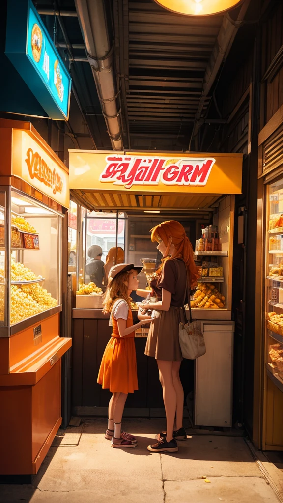 At the brightly lit concession stand, the young lady with a friendly and vibrant aura, dressed in a casual brown dress, purchases a large bucket of popcorn at the movie hall. The orange cat and the orange tabby kitten is seen standing in the queue along with the young lady for buying popcorn. The background is filled with vibrant concession displays, creating a lively and engaging scene.