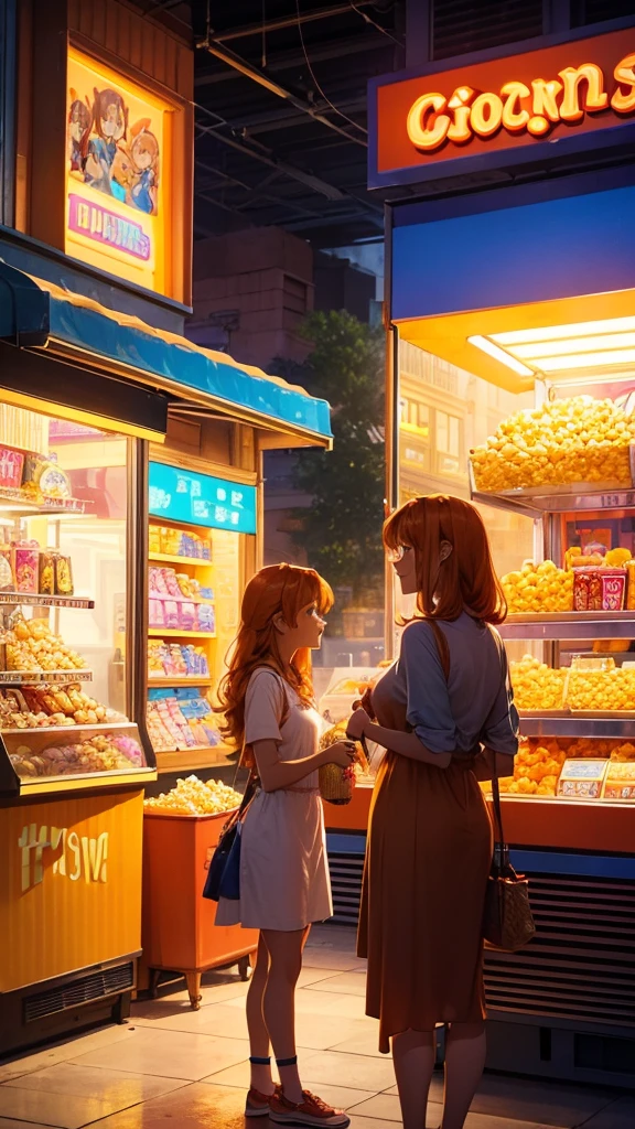 At the brightly lit concession stand, the young lady with a friendly and vibrant aura, dressed in a casual brown dress, purchases a large bucket of popcorn at the movie hall. The orange cat and the orange tabby kitten is seen standing in the queue along with the young lady for buying popcorn. The background is filled with vibrant concession displays, creating a lively and engaging scene.