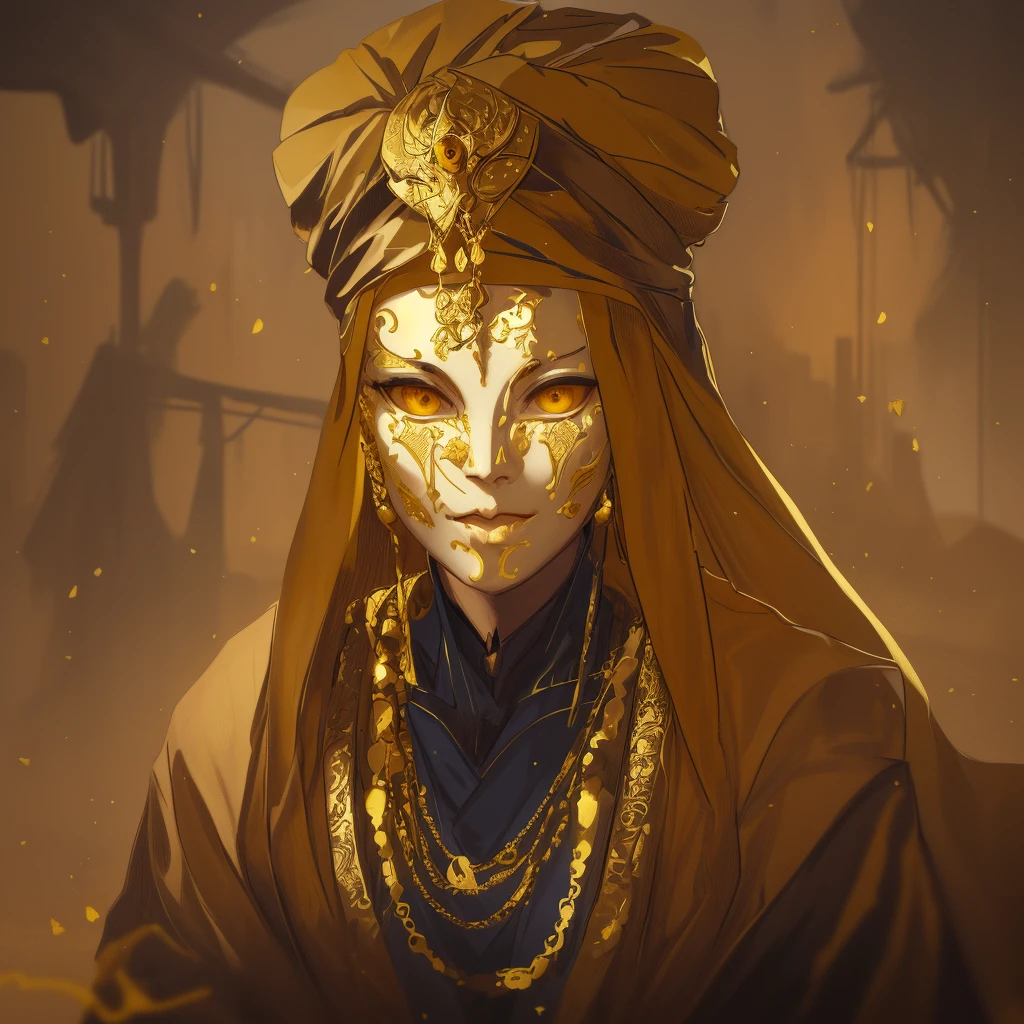 there is a man wearing a mask and a gold necklace, golden mask, gold mask, a man wearing golden mask, artwork in the style of guweiz, guweiz masterpiece, trending on artstation pixiv, a beautiful artwork illustration, stunning digital illustration, guweiz on pixiv artstation, ornate mask and fabrics