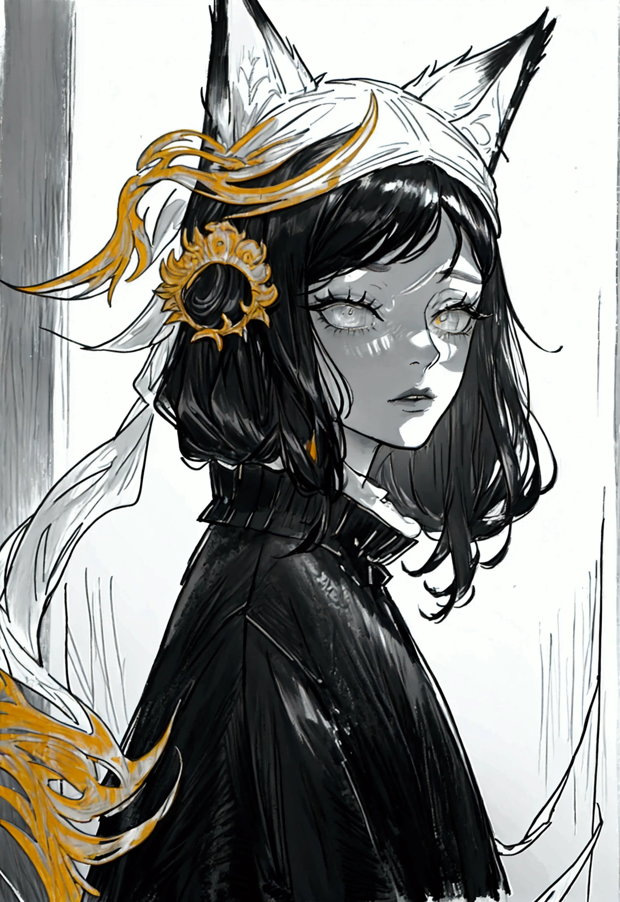 a tall girl with long black hair, wearing a fox mask, wearing a black skirt and black sweater, dramatic lighting, detailed, intricate, moody, mysterious, dark, 1girl, fantasy, dark fantasy, surreal, chiaroscuro, cinematic, dynamic pose, beautiful detailed eyes, beautiful detailed lips, extremely detailed face, long eyelashes, high contrast, dramatic shadows, dark colors, muted tones, oil painting, digital painting, 8k, award winning, masterpiece