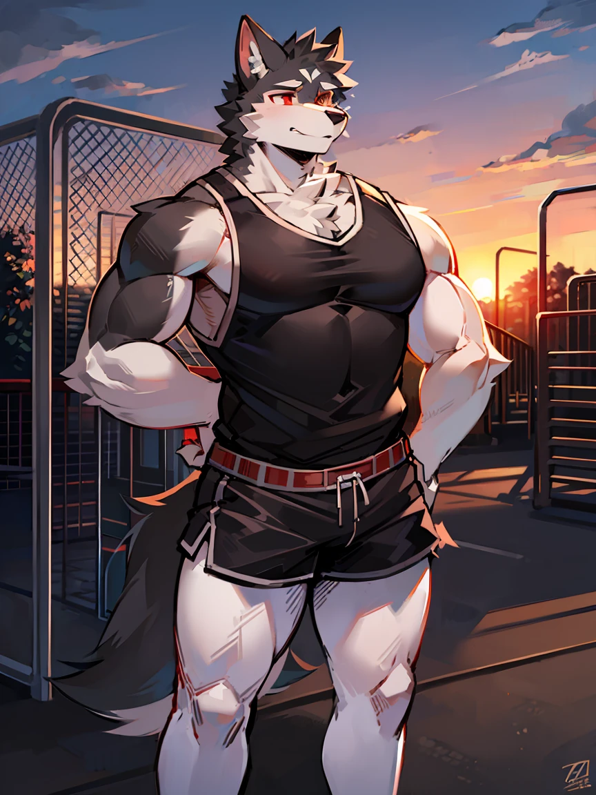 a humanoid wolf, man, muscular, cappuccino coat, tight red t-shirt, sweating, marked, sexy, Mechanical workshop