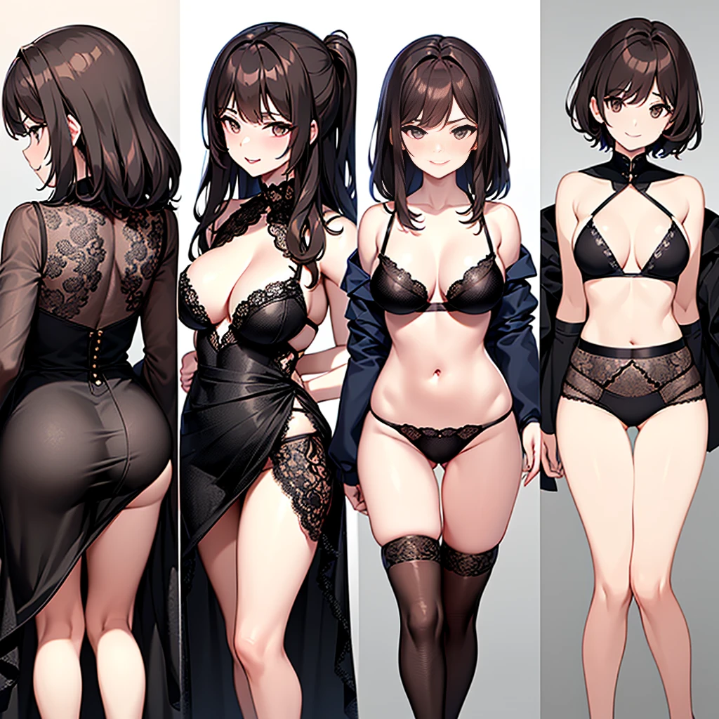 (masterpiece, 8k, Highest quality, Very detailed, One mature woman), (Attractive office lady),(Consistent personality, same characters), (Brown Hair,Medium Hair,Pale grey eyes), (Very detailed顔と肌の質感, fine grain), smile, Slender figure, Cleavage,alone,Thighs,Thin legs,belly button,Beautiful legs, White Background,Black lace bra,Black lace panties, 魅惑的なsmile, (Multiple Views, Multiple Angles), Side view, Front view, look up, Looking down, Rear View, 20-degree head view