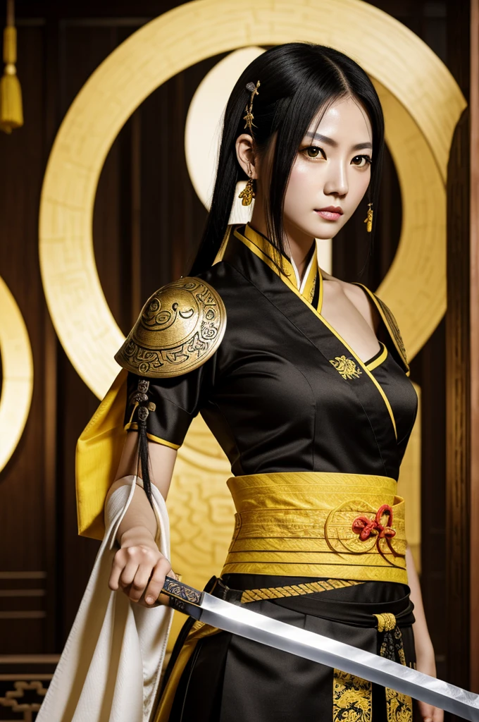 genshin impact style concept, woman, tall, slim, white skin, shoulder-length black hair, two moles under eye, narrow yellow eyes, ancient chinese cloth, sword in hand