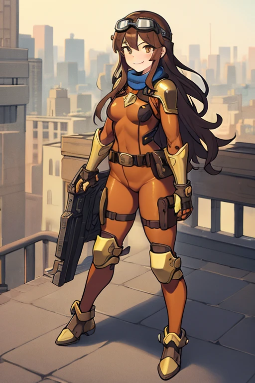 ((best quality)), ((masterpiece)), (detailed), 1 girl, full body, 20s, young adult, brown vintage aviator helmet, spiked helmet, large goggles, evil smile, long white scarf, wavy brown hair with a lock, brown collar, somewhat short, very thin, spikes on forearms, brown details, large brown leather gloves, brown wrist guards, brown nanotech suit, light armor, brown chest with an emblem, high shoulder pads, orange suit with brown stripes, brown tiger stripes, triangular emblem on chest, very small breasts, blue emblem, orange pants, brown knee pads, metallic brown boots, metallic brown shoes, brown superhero belt, standing on a building, city background, anime, holding a small metallic ball with spikes in her hand