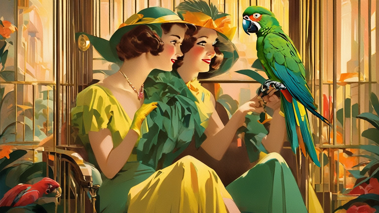 An Art Deco scene featuring Ara the parrot sitting in a cage, playfully biting the fingers of a dandy who is flirting with a lady. The dandy awkwardly touches the cage with his hand, making a grimace to attract attention. The lady, covering her smile with a fan, enjoys the moment. The setting is rich in 1920s style, incorporating elements of the Gatsby era, with bright colors and elegant details. The overall atmosphere is a humoresque filled with playfulness and charm, inspired by the artistic style of Edward Hopper, inspired by Art Frahm, ( art fitzpatrick ), jim warren, with a big parrot, retro illustration, stylized digital illustration, pet bird, beautiful retro art, with a parrot on his shoulder, parrots, illustration », 1950s illustration style, full color illustration, illustration!