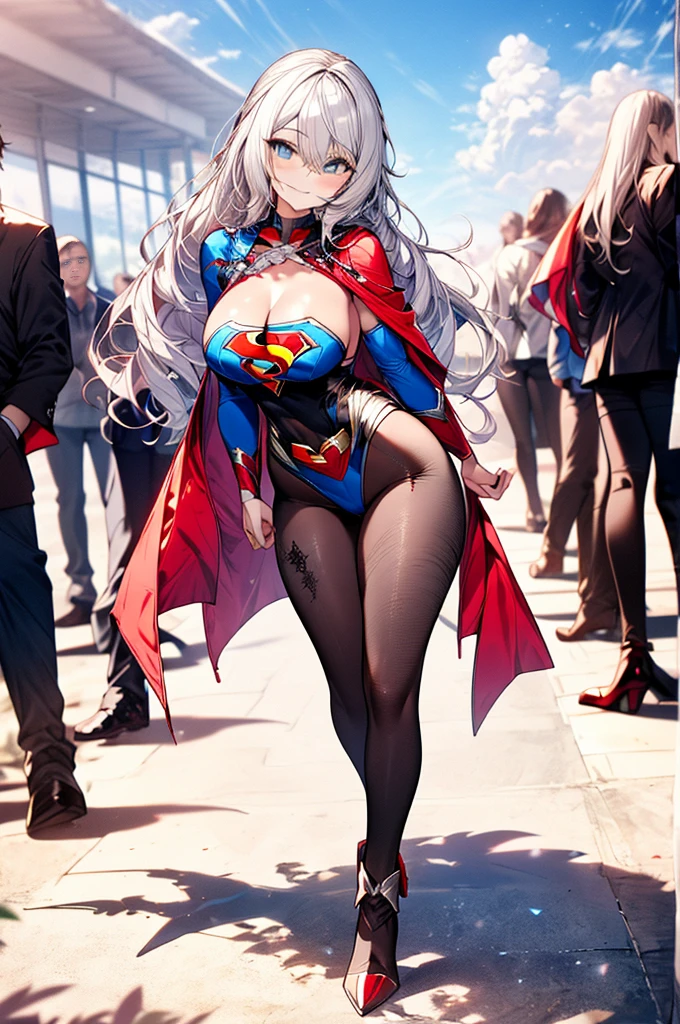 ((full body)),masterpiece, 4K, 8k, high quality, Very detailed, Detailed face, High resolution, Vibrant colors, Natural light, Best Shadow, Shallow depth of field, Portraiture (Supergirl:1.1) , smile, Blue leotard, Red Cape, red boots with heels, Grey Hair,delicate, Captivating blue eyes, Nice medium sized breasts, , (Superman symbol on chest:1.2), , blue sky, sunlight, cloud, sun, bloom,
