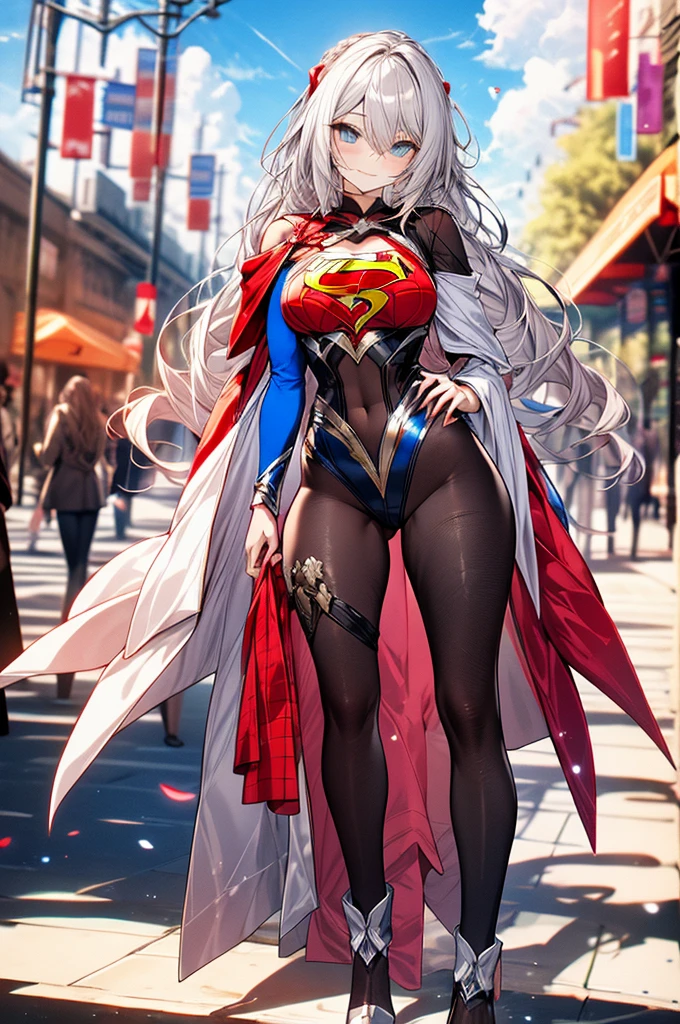 ((full body)),masterpiece, 4K, 8k, high quality, Very detailed, Detailed face, High resolution, Vibrant colors, Natural light, Best Shadow, Shallow depth of field, Portraiture (Supergirl:1.1) , smile, Blue leotard, Red Cape, red boots with heels, Grey Hair,delicate, Captivating blue eyes, Nice medium sized breasts, , (Superman symbol on chest:1.2), , blue sky, sunlight, cloud, sun, bloom, Cowboy Shot, Hands on hips, smile, Open your mouth,