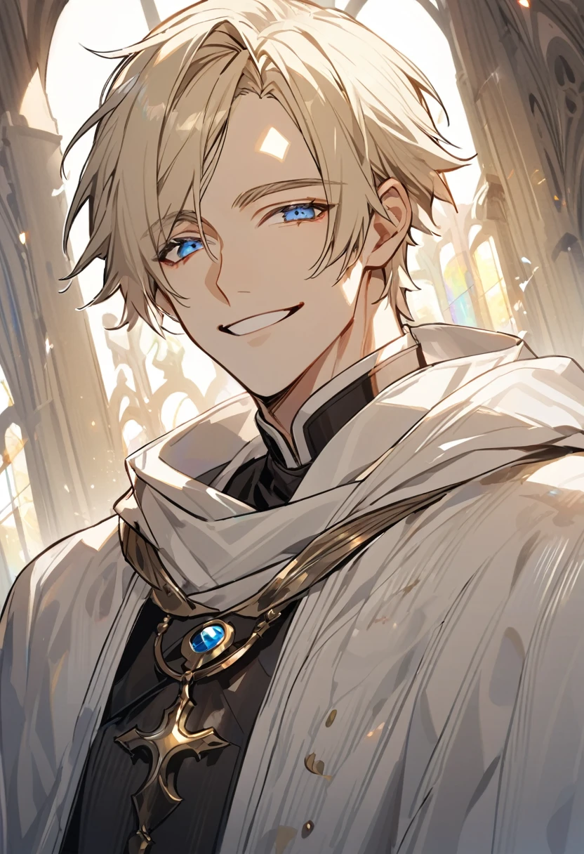 solo, handsome, 1 male, light blond hair, blue eyes, white shirt, white coat, golden, friar, smile facial