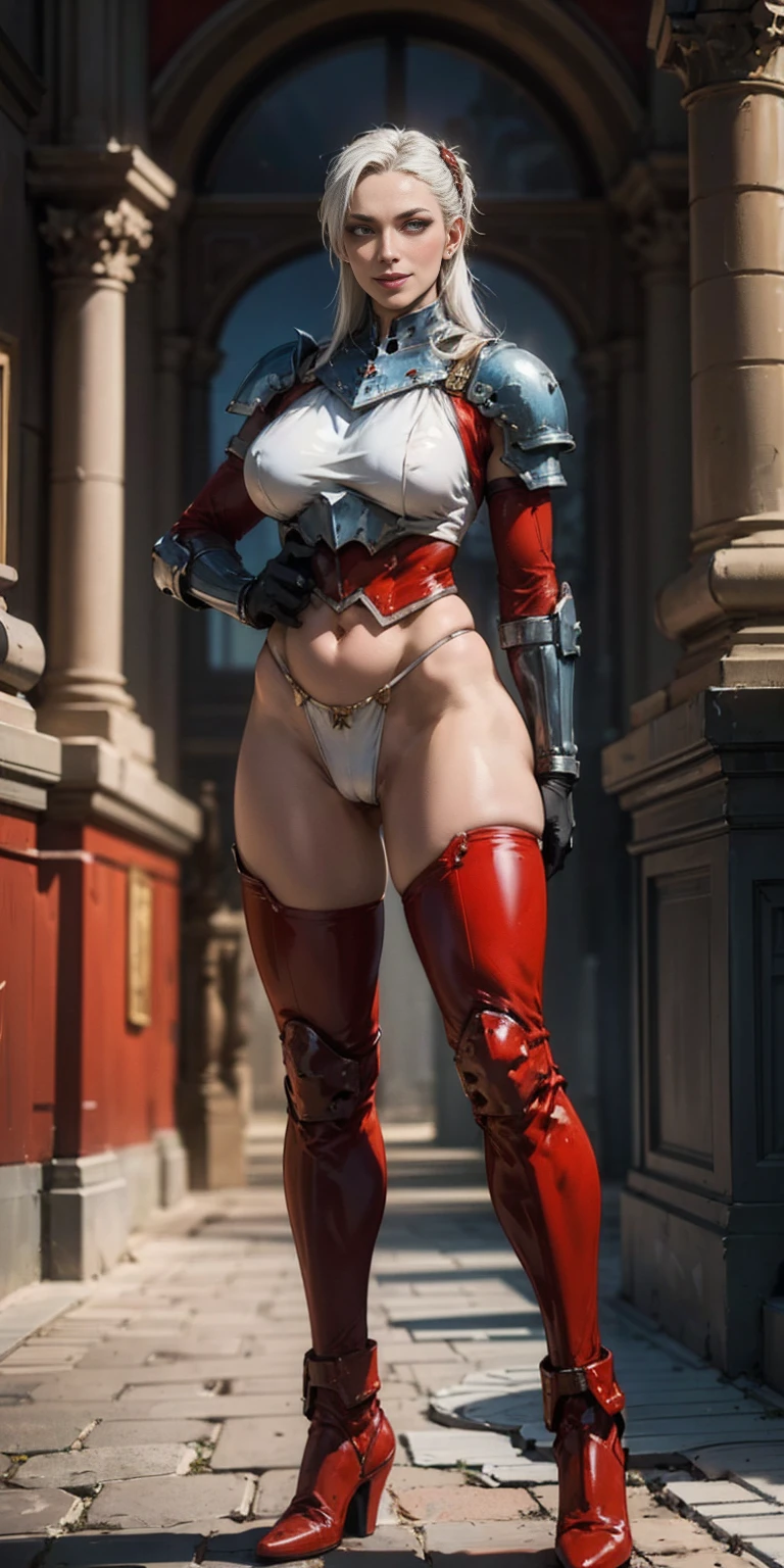(masterpiece, best quality, 4k, 1girlsolo, 1MILF, mmplatz, smile, red cheeks, plain background:1.2) perfect face, perfect lighting, mature whsororitas with gloves red gauntlets in her hands like Cammy White from Street Fighter, bob white hair, warhammer 40k power armor suit with loincloth, red eyes like rubies, full body RED armor, view from below, looking to the viewer, arms to the sides empty hands, RED military boots, silver skull ornament attached to crossing 2 belt wide hips, 2 long legs