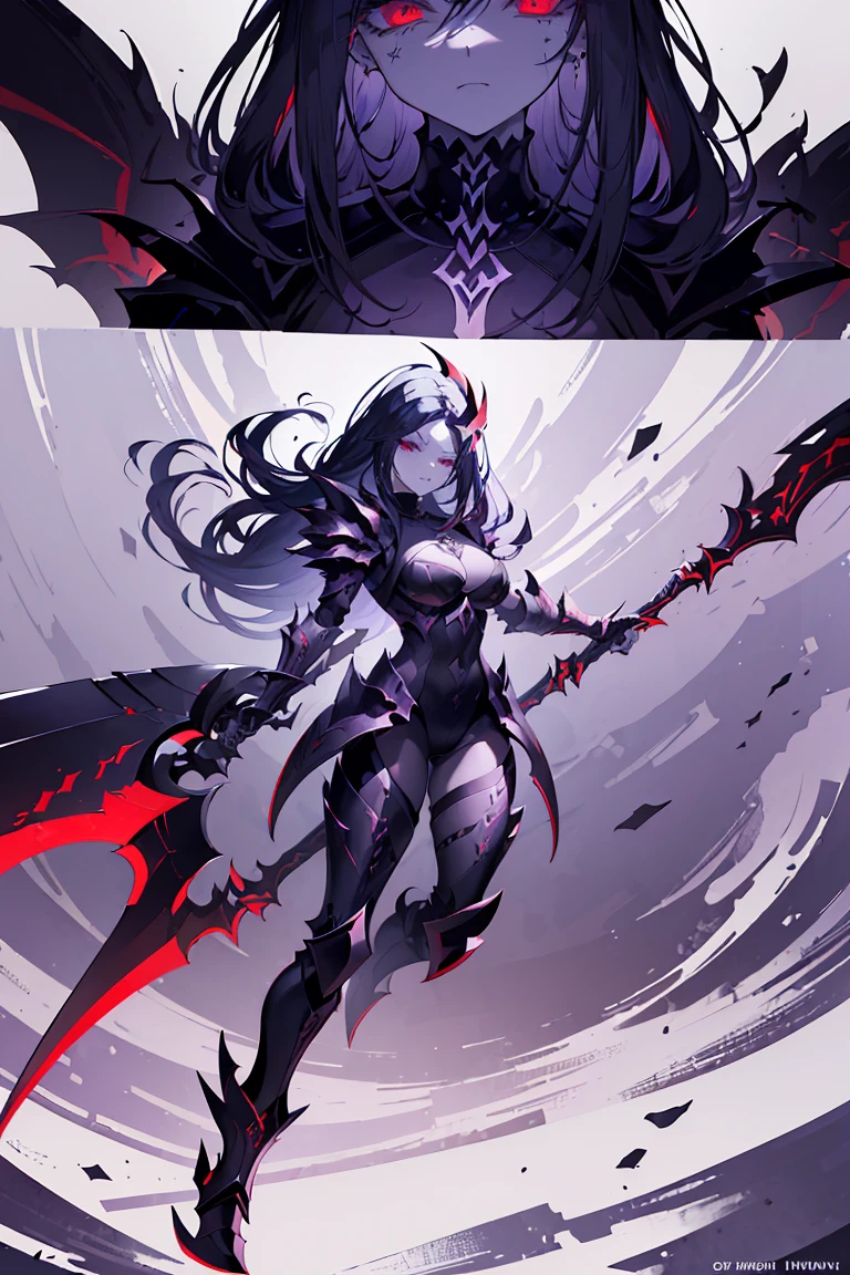 (((masterpiece, best quality, ultra detailed, 8k))) character design sheet of a female character wearing a demonic armor in purple, black, and white. She wields a large, stylized scythe matching the armor. The character has long white hair, piercing red eyes, and a menacing expression. The scene is set in a chaotic environment. Full body front view, with additional close-up views of armor details, weapon, and facial features. (demonic armor:1.3), (stylized scythe:1.3), (extremely detailed:1.5), (long white hair:1.2), (piercing red eyes:1.2), (chaotic environment:1.1). {Detailed background elements and character features are emphasized}.
