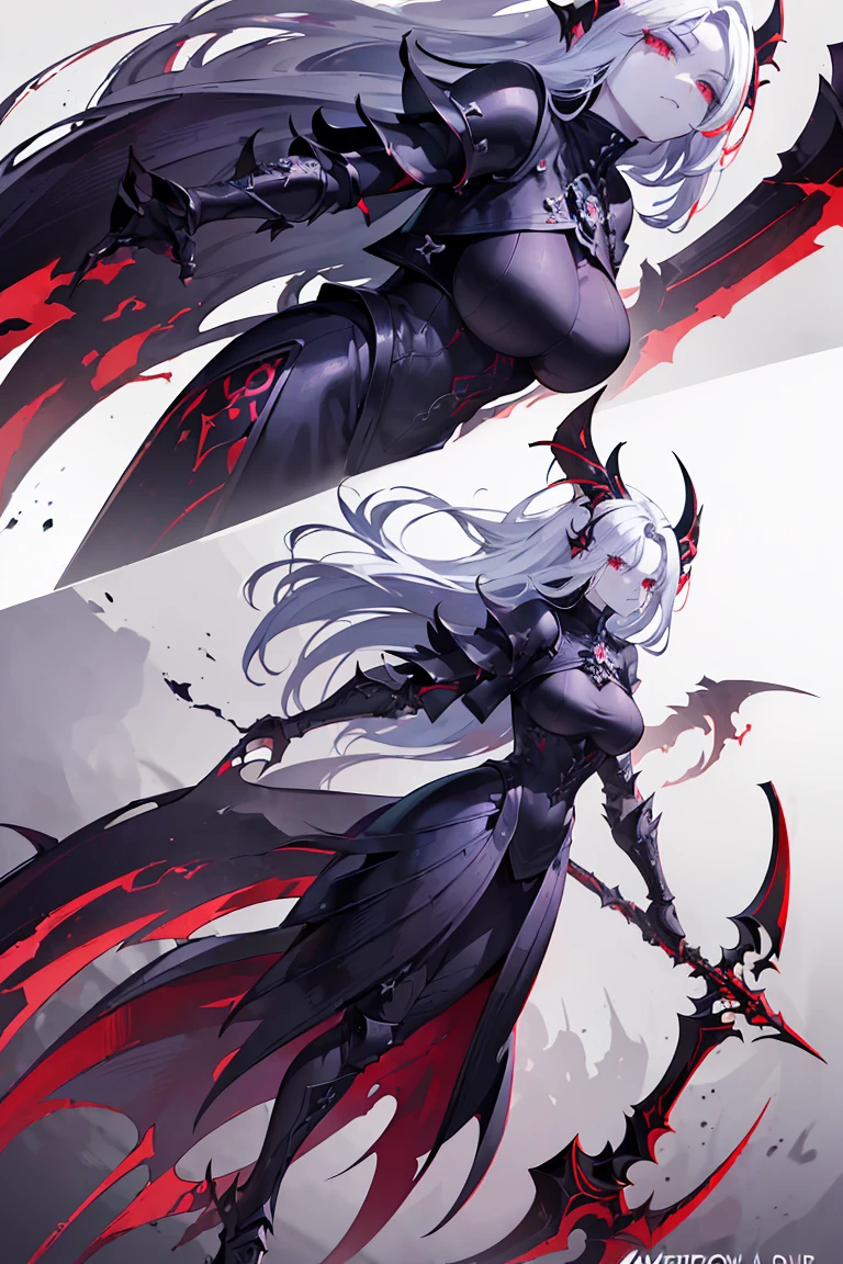 ((Best Quality)), ((Masterpiece)), ((Realistic)) female character with long white hair and piercing red eyes. She wears a demonic armor in purple, black, and white, and wields a large, stylized scythe. The character has a menacing expression, with a chaotic environment as the background. (((detailed character sheet, full body front view, side view, three-quarter view, close-up views of armor details, weapon, and facial features))). ((slender)), (busty), (extremely detailed:1.5), (long white hair:1.2), (piercing red eyes:1.2), (chaotic environment:1.1), (demonic armor:1.3), (stylized scythe:1.3).