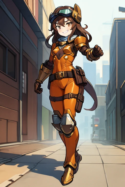 ((best quality)), ((masterpiece)), (detailed), 1 girl, full body, 20s, young adult, brown vintage aviator helmet, spiked helmet, large goggles, evil smile, long white scarf, wavy brown hair with a lock, brown collar, somewhat short, very thin, spikes on forearms, brown details, large brown leather gloves, brown wrist guards, brown nanotech suit, light armor, brown chest with an emblem, high shoulder pads, orange suit with brown stripes, brown tiger stripes, triangular emblem on chest, very small breasts, blue emblem, orange pants, brown knee pads, metallic brown boots, metallic brown shoes, brown superhero belt, standing on a building, city background, anime, holding a small metallic ball with spikes in her hand