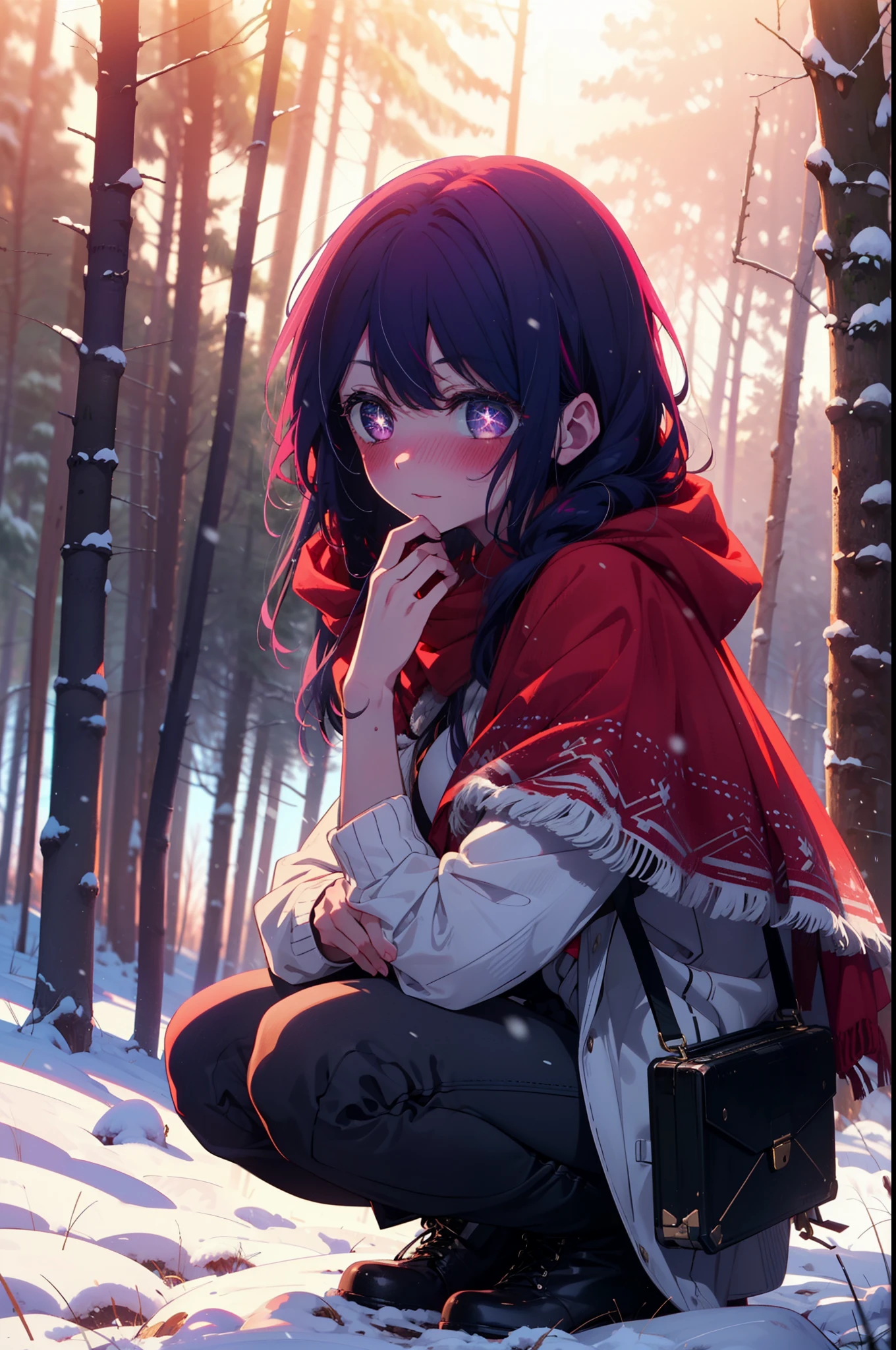 aihoshino, Ai Hoshino, Long Hair, bangs, (Purple eyes:1.1), Purple Hair, (Symbol-shaped pupil:1.5), smile,,smile,blush,white breath,
Open your mouth,snow,Ground bonfire, Outdoor, boots, snowing, From the side, wood, suitcase, Cape, Blurred, , forest, White handbag, nature,  Squat, Mouth closed, Cape, winter, Written boundary depth, Black shoes, red Cape break looking at viewer, Upper Body, whole body, break Outdoor, forest, nature, break (masterpiece:1.2), Highest quality, High resolution, unity 8k wallpaper, (shape:0.8), (Beautiful and beautiful eyes:1.6), Highly detailed face, Perfect lighting, Highly detailed CG, (Perfect hands, Perfect Anatomy),