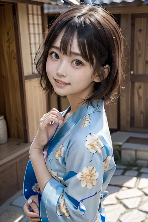 雪-yuki, girl in blue floral yukata robe, wave at the camera, (hair(short hair)), (8k, top quality, high definition, the best masterpiece, childish face, , small breasts, balance carefully, I'm watching my audience, big eyes, bilateral symmetrical eyes, laugh showing teeth, yukata, Japan kimono, blue floral kimono, blue floral yukata with one hand lightly raised and waving, realistic skin, hydrated skin, perfect model body type, photorealistic, raw photo, super cute, Upper body image, front pose)