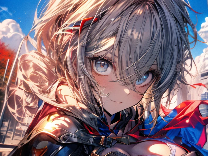 masterpiece, 4K, 8k, high quality, Very detailed, Detailed face, High resolution, Vibrant colors, Natural light, Best Shadow, Shallow depth of field, Portraiture (Supergirl:1.1) , ((Fall sideways to the ground)),smile, Blue leotard, Red Cape, red boots with heels, Grey Hair,delicate, Captivating blue eyes, Nice medium sized breasts, , (Superman symbol on chest:1.2), , blue sky, sunlight, cloud, sun, bloom,