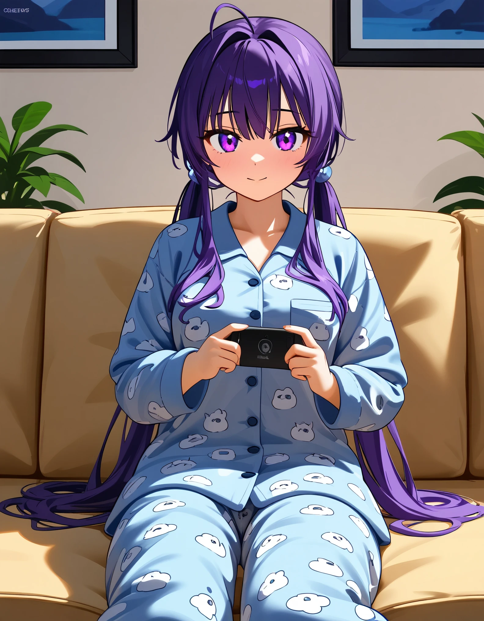cartoon of a woman sitting on a sofa playing, hairy pajamas pov, high resolution sexy commission, full art illustration, Perfect artwork, sfw version, commissioned art, colorful illustration, oc commission, digital illustration, purple robes. アニメ, nu anatomically correcte, super verbose, high qualiy, 4K, anatomically correcte, high détails, superdetailed, 4K