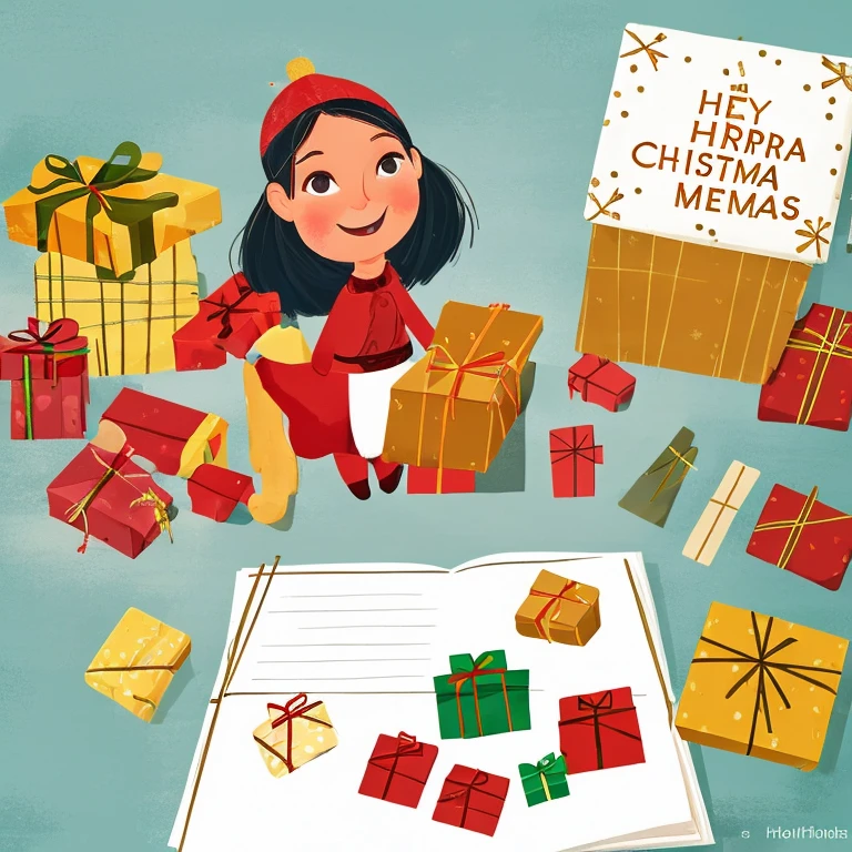 the named Laura happy with Christmas Presents- Children's Book illustration