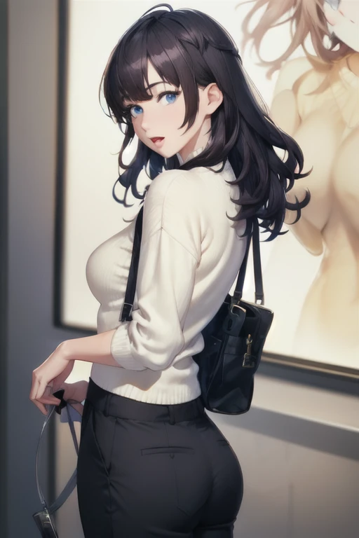 girl,Character design sheet,Beautiful attention to detail,Beautiful lip detail,Very detailed目と顔,Long eyelashes,Realistic,photoRealistic:1.37,Very detailed,Professional,Vibrant colors,Studio Lighting,Sharp focus,Physically Based Rendering,High resolution,超High resolution. blue eyes,Big eyes， Long Hair，Curly hair、Black Hair，Red cheeks，smile，Droopy eyes，Open your mouth a little，Small breasts，sweater，Chino pants，Tote，whole body，back