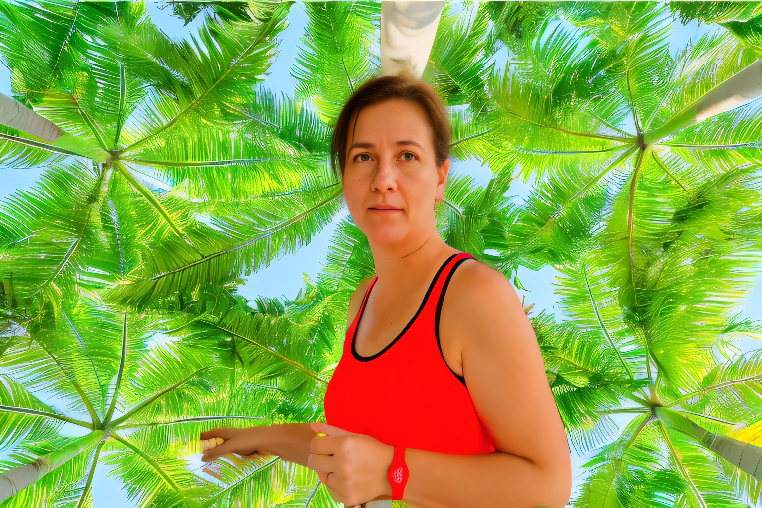 there is a woman in a red top holding a tennis racket, anna nikonova, in a tropical forest, alina ivanchenko, sandra chevier, julia gorokhova, moleksandra shchaslyva, aleksandra waliszewska, mina petrovic, anastasia ovchinnikova, motivational, palm trees in the background, holiday season