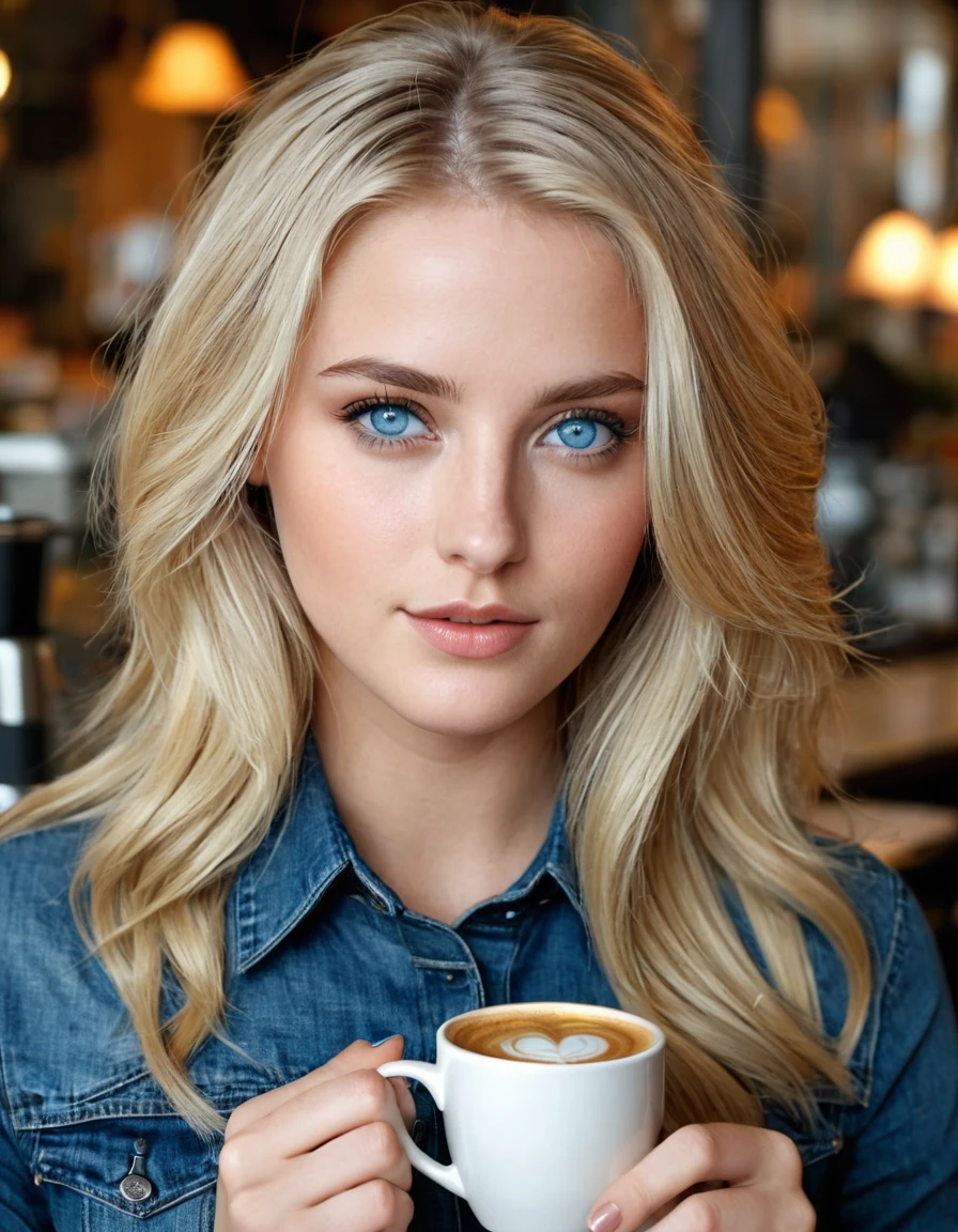 High resolution, High resolution, Details, HD Model, high quality, very detailed, textured skin, Longhaire, cheveux blonds, tetas grandes, Blue-gray eyes, jeune fille, mignone, qui boit un cafe chez starbuck