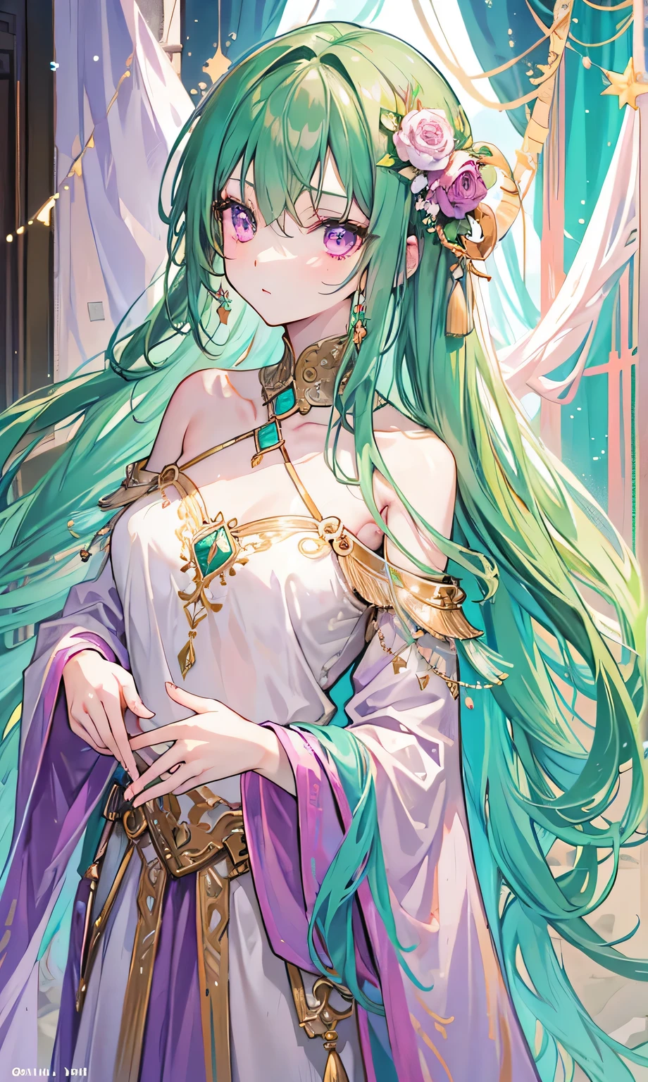 Green brown long hair,Slim, tall, and light as a swallow,Pink purple eyes,Turquoise decoration,Ancient style light soft fresh light green clothes,Brothel Beauty,Enchanting, tender and delicate,Off-shoulder,Keep your head up and your chest out,Love Charm