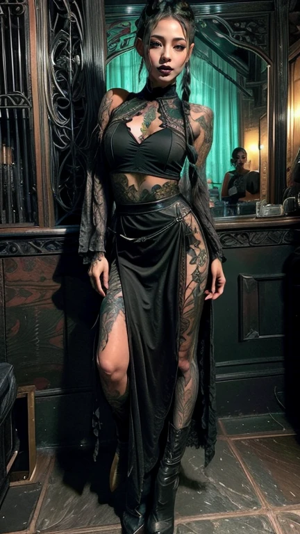 High, ultra detailed photograph of a tall Asian-Irish mixed race woman with long legs and freckles, Woman hairstyle three wild long braids and the sides of the head shaved bald, Clothing Bioluminizerrent, Women clothing in gothic style mixed with Asian style, consisting of a lace shirt in jade green and a black leather bodice and a long maxi wrap skirt in black with jade green embroidery and high heel boots, Woman has many clear tribal tattoos, Model posing with full body, dances frontally in front of the camera and looks into the camera, Photo background of a gothic bar at night with low light, hair color black and green