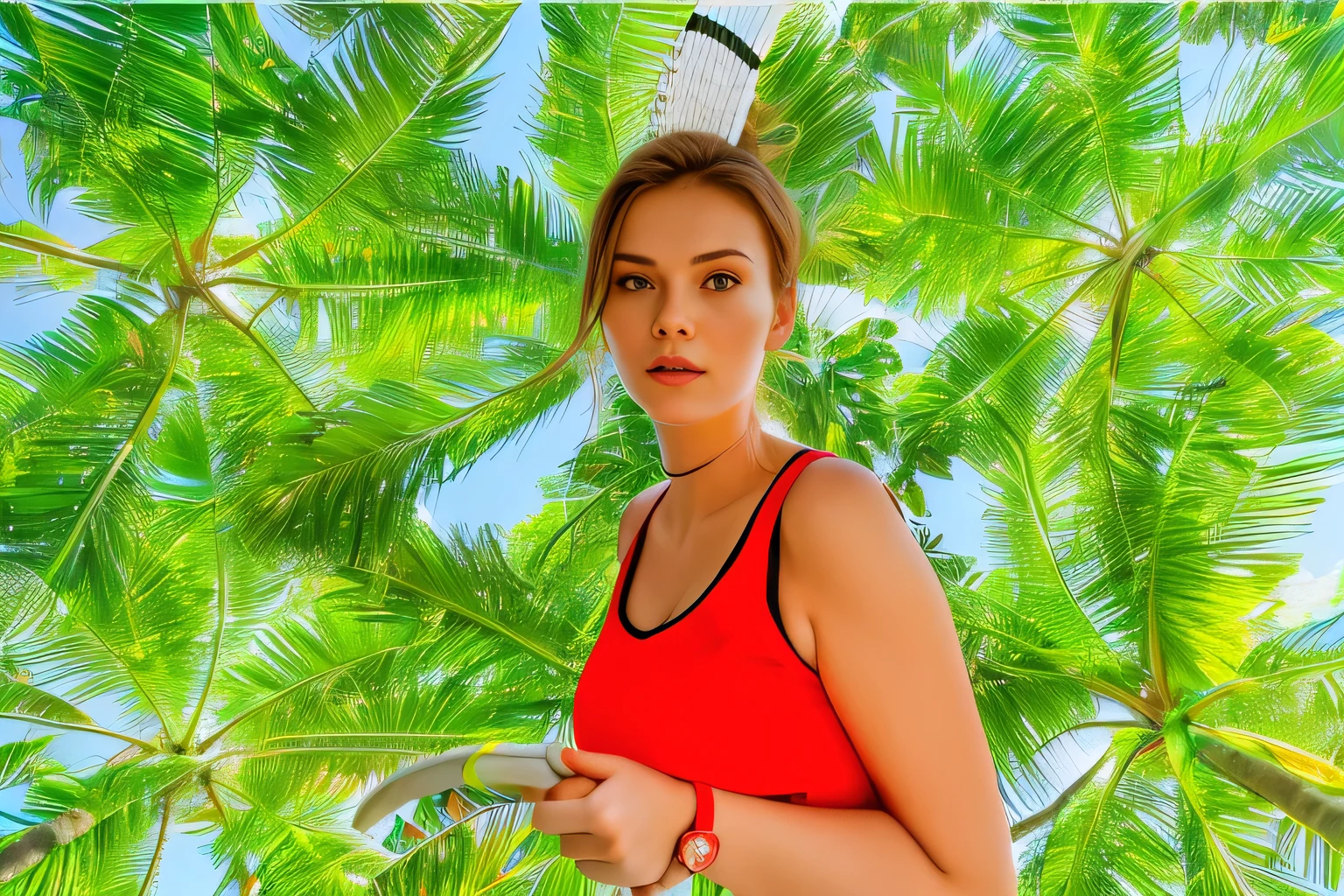 there is a woman in a red top holding a tennis racket, anna nikonova, in a tropical forest, alina ivanchenko, sandra chevier, julia gorokhova, moleksandra shchaslyva, aleksandra waliszewska, mina petrovic, anastasia ovchinnikova, motivational, palm trees in the background, holiday season