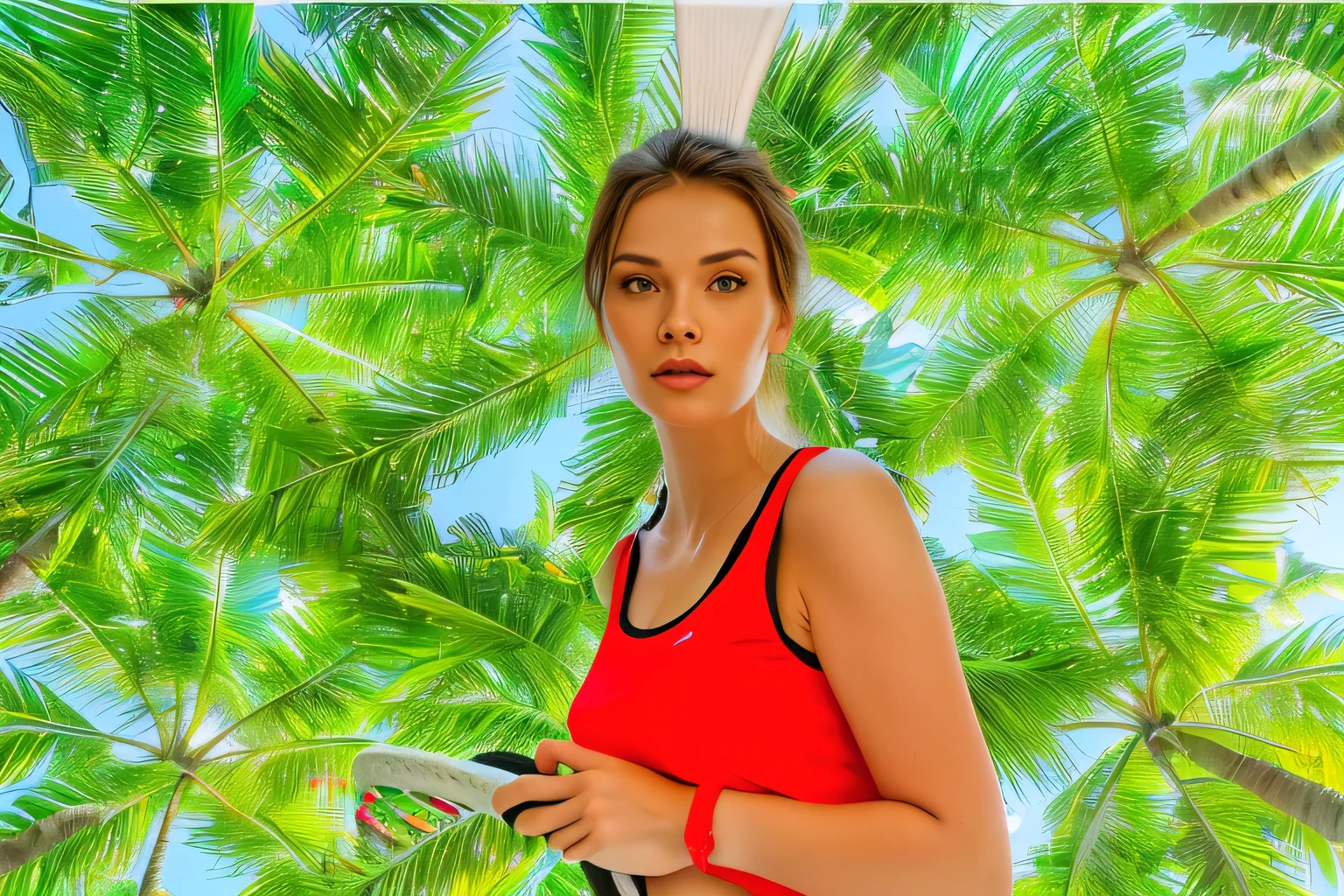 there is a woman in a red top holding a tennis racket, anna nikonova, in a tropical forest, alina ivanchenko, sandra chevier, julia gorokhova, moleksandra shchaslyva, aleksandra waliszewska, mina petrovic, anastasia ovchinnikova, motivational, palm trees in the background, holiday season