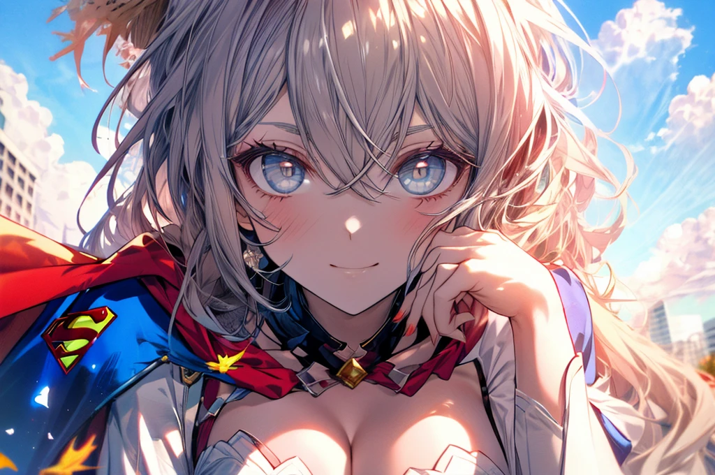 masterpiece, 4K, 8k, high quality, Very detailed, Detailed face, High resolution, Vibrant colors, Natural light, Best Shadow, Shallow depth of field, Portraiture (Supergirl:1.1) , ((Fall sideways to the ground)),smile, Blue leotard, Red Cape, red boots with heels, Grey Hair,delicate, Captivating blue eyes, Nice medium sized breasts, , (Superman symbol on chest:1.2), , blue sky, sunlight, cloud, sun, bloom,