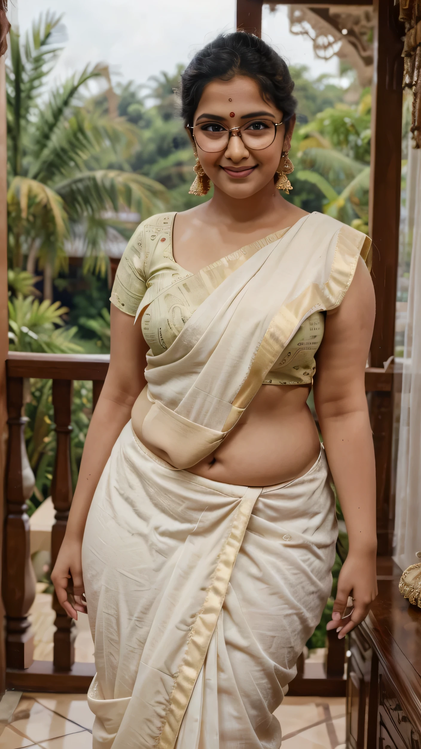 Indian woman wearing wearing (onam saree), (young woman), 20 years old, (chubby cheeks:1.4), (curvy figure:1.3), (eyeglasses), (bindi), An Indian beauty, charismatic, light Indian- skin, view the viewer, naughty smile, luxurious villa in background, both eyes are the same, full-body shot, hd, 2k, 4k , 8k, 16