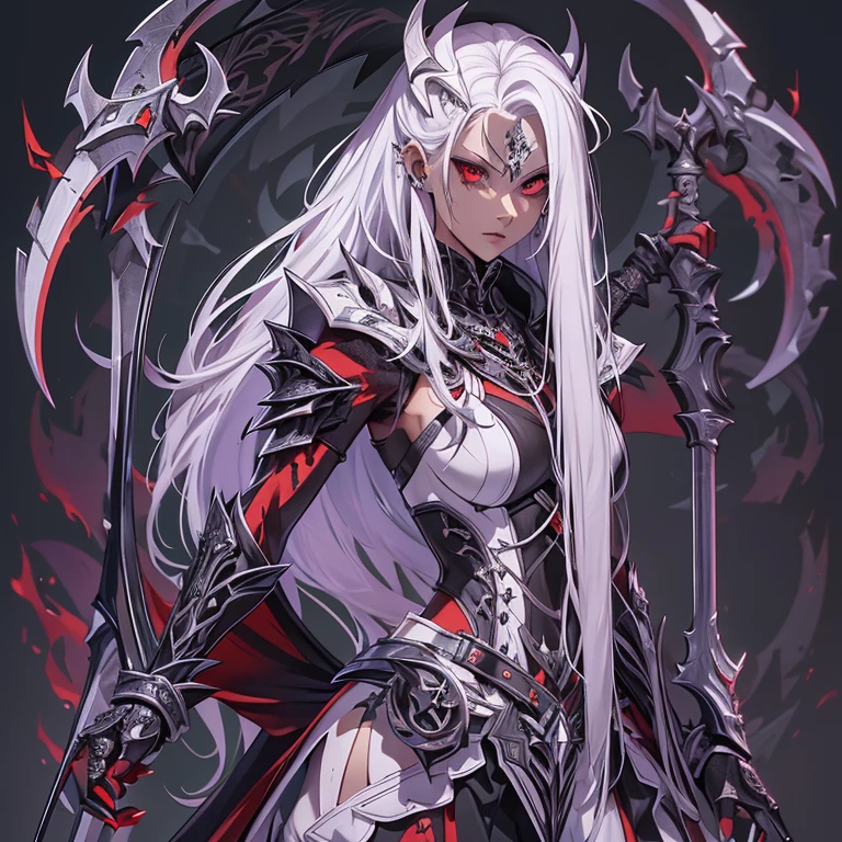 (((masterpiece, best quality, ultra detailed, 8k))) character design sheet of a female character wearing a demonic armor in purple, black, and white. She wields a large, stylized scythe matching the armor. The character has long white hair, piercing red eyes, and a menacing expression. The scene is set in a chaotic environment. Full body front view, with additional close-up views of armor details, weapon, and facial features. (demonic armor:1.3), (stylized scythe:1.3), (extremely detailed:1.5), (long white hair:1.2), (piercing red eyes:1.2), (chaotic environment:1.1). {Detailed background elements and character features are emphasized}.

