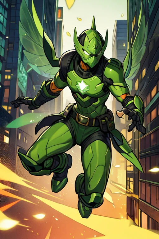 ((best quality)), ((masterpiece)), (detailed), 1 male, full body, 25 years old, masked, lemon green mask covering his entire head, smooth head, mask covering his mouth, 1 small crest on his head, oxygen mask, angry expression, black collar, tall and strong, very athletic, green fly wings, grey details, green fingerless gloves, green wrist guards, lemon green nanotech suit resembling light armor, lemon green chest with an emblem, orange fly emblem on his chest, fly, green pants, green knee pads, metallic green boots, orange superhero belt, flying around a building, city background, anime