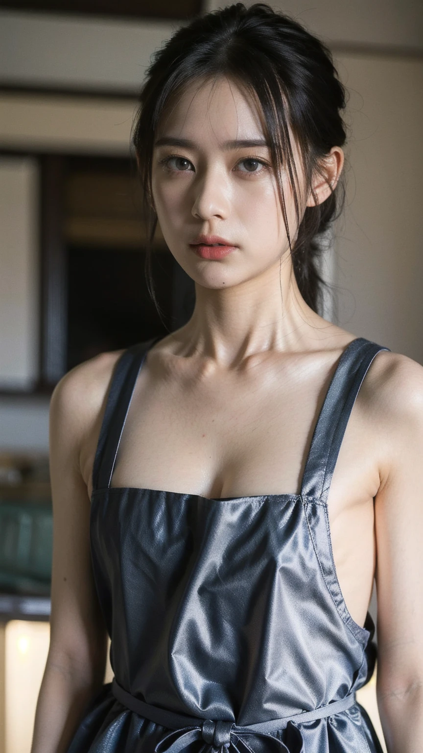 hightquality、​masterpiece、ultra res、cute girl face、kitchin、barechested、pinafore、Naked apron、full bodyesbian、Famous actresses of Japan、very beautiful face, 8K, sharp focus, natural big breast, nude.