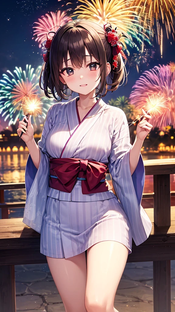 (Highest quality, 8k, masterpiece: 1.3),double eyelid　Fine grain　Highly detailed face and skin　Beautiful legs　Fireworks display　yukata