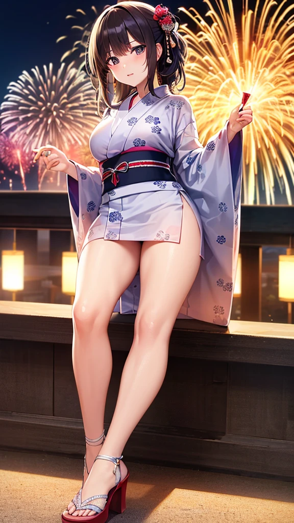 (Highest quality, 8k, masterpiece: 1.3),double eyelid Fine grain Highly detailed face and skin Beautiful legs Fireworks display yukata
