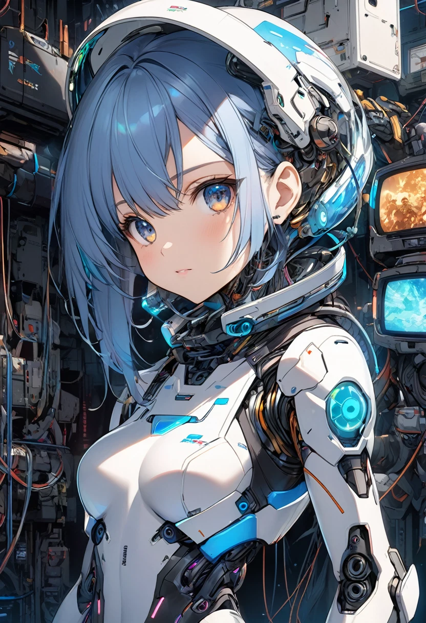 Close-up of a person wearing a space suit and holding a television, cute Cyborg Girl, Portrait Anime Astronaut Girl, Blue Cyborg, Cyborg - Girl, Anime Manga Robot!! Anime Girls, 詳細なSci-Fi Art, Cyborg Girl, Digital Cyberpunk Anime Art, Digital Cyberpunk - Anime Art, Sci-Fi Art!!!!!!!, A mix of anime robots and organic matter, Anime Cyborg、whole body、Medium chest、