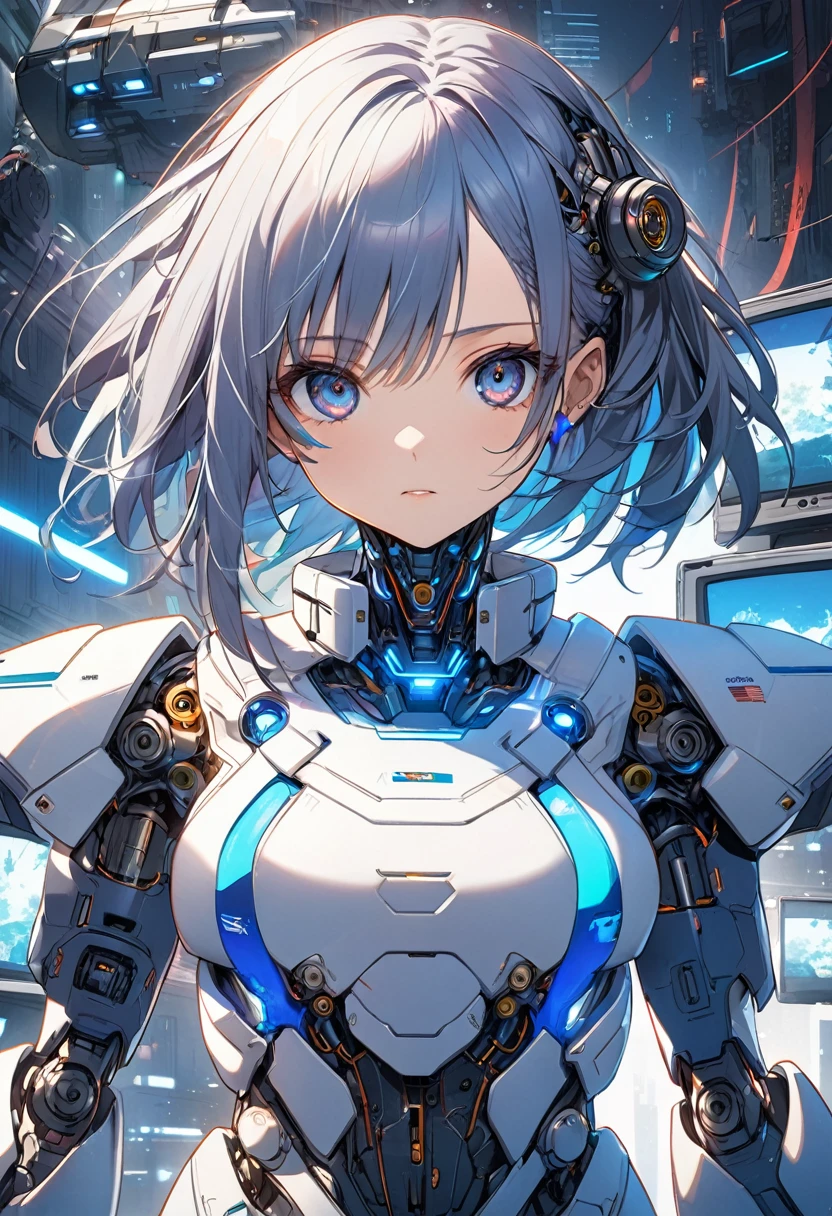 Close-up of a person wearing a space suit and holding a television, cute Cyborg Girl, Portrait Anime Astronaut Girl, Blue Cyborg, Cyborg - Girl, Anime Manga Robot!! Anime Girls, 詳細なSci-Fi Art, Cyborg Girl, Digital Cyberpunk Anime Art, Digital Cyberpunk - Anime Art, Sci-Fi Art!!!!!!!, A mix of anime robots and organic matter, Anime Cyborg、whole body、Medium chest、