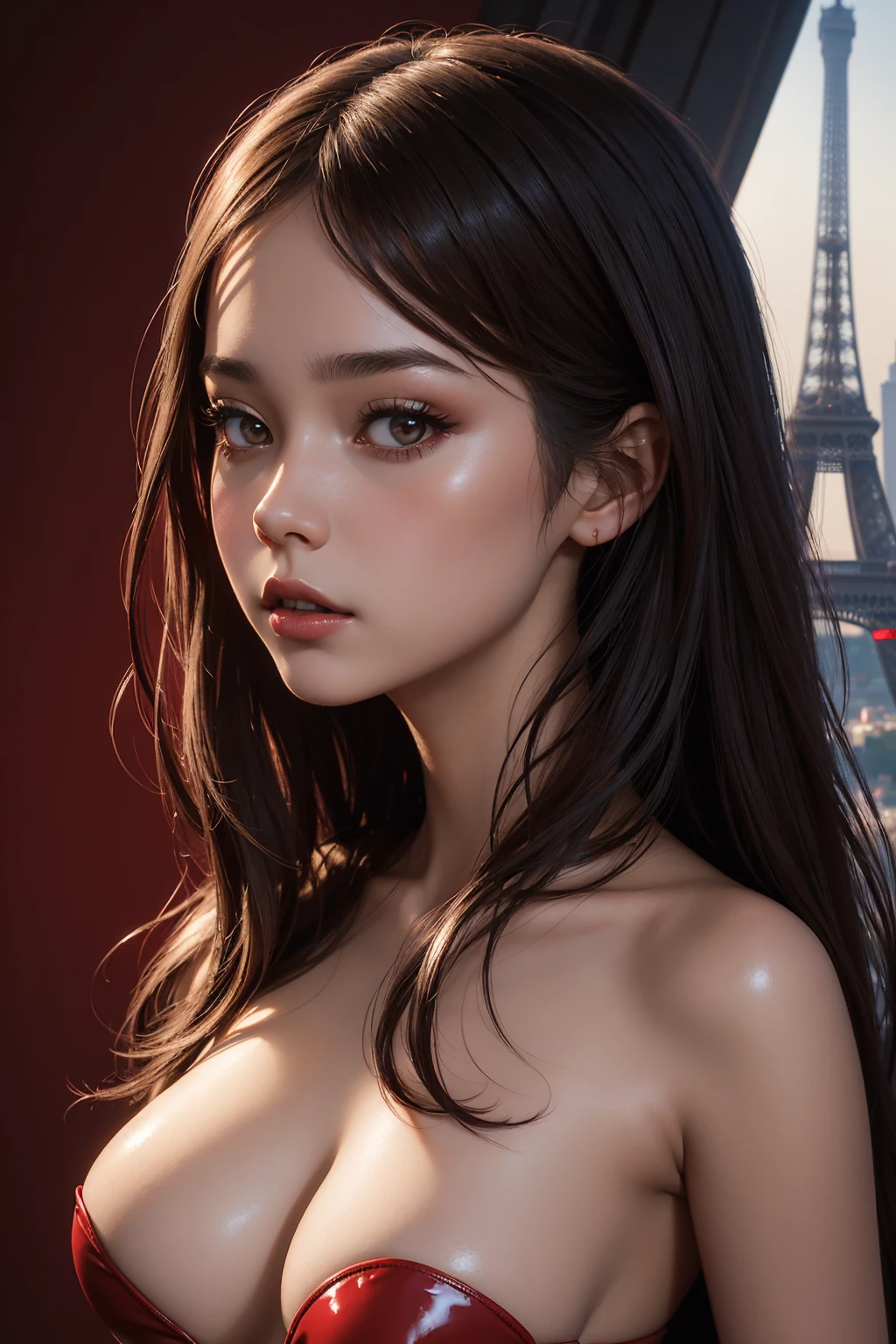 portrait Mila Azul, wearing nude breasts french maid red latex costume, against the background of the Eiffel Tower, character portrait, 3 9 9 0 s, long hair, intricate, elegant, highly detailed, digital painting, artstation, concept art, smooth, sharp focus, illustration, art by wlop, charlie bowater and alexandra fomina, 36k