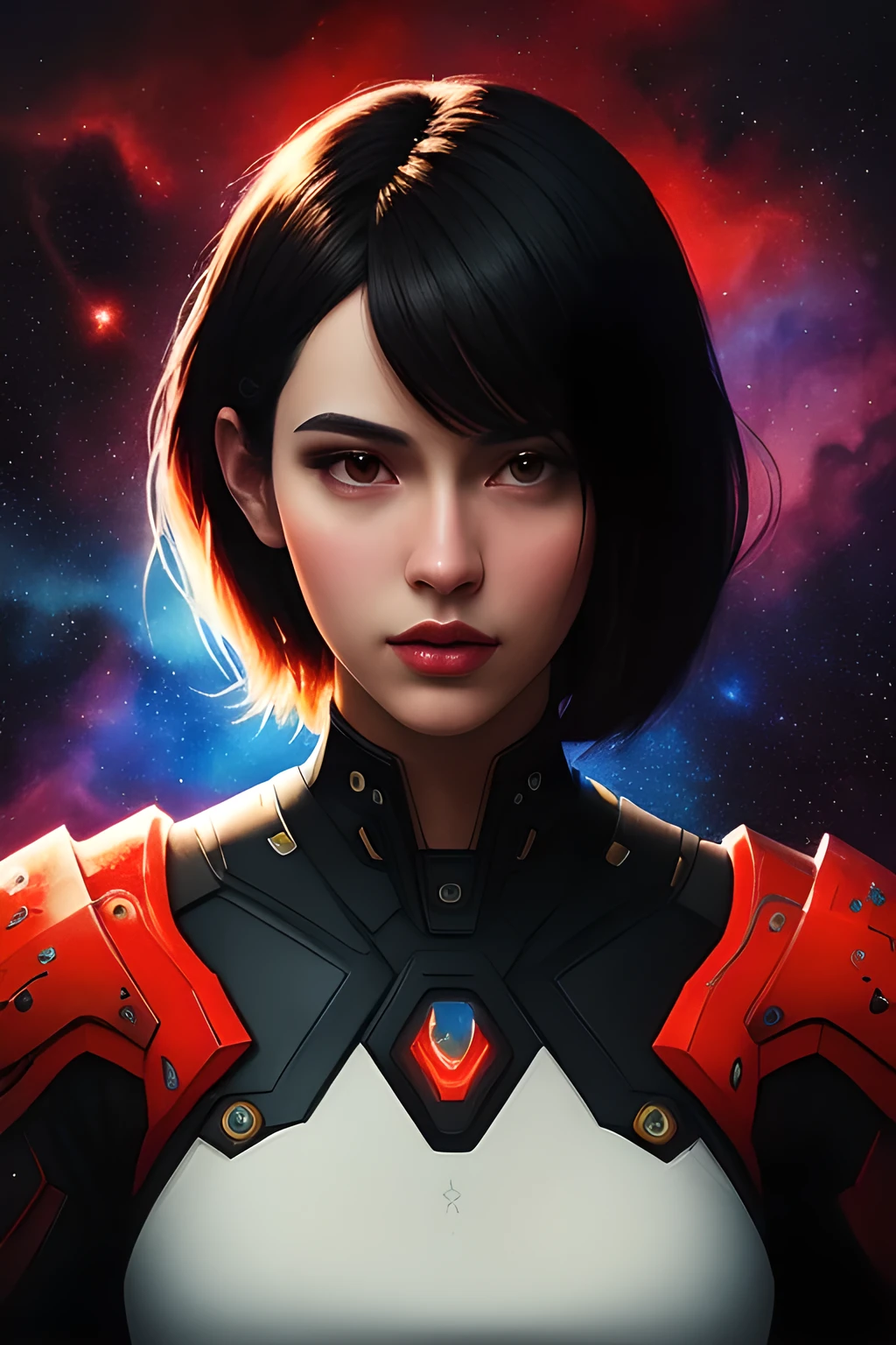 upper-body illustration, portrait, 1girl, black hair, bobcut, futuristic space suit, (digital art), watercolor ink, (ultra quality:1.3), masterpiece, (highly detailed), HDR, 8K, abstract art, (by Charlie Bowater:0.9), (style of Maciej Kuciara), sci-fi, fractal stars, space, amazing space background, red theme, black theme, (depth of field), sharp focus, diffused lighting, backlighting, soft shadows, mixed media, trending on deviantart, award winning art