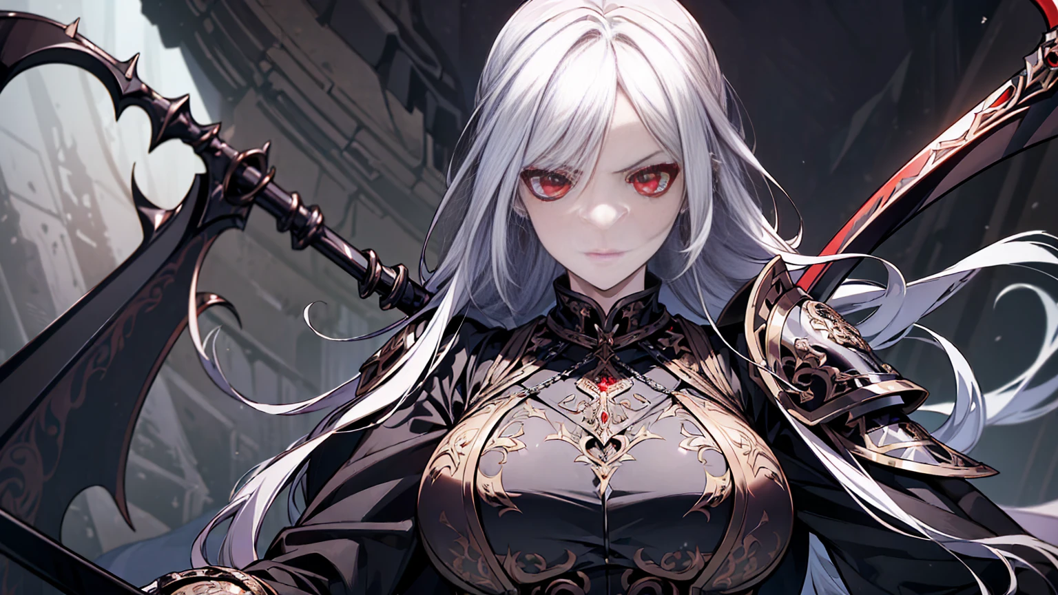 (((masterpiece, best quality, ultra detailed, 8k))) character design sheet of a female character wearing a demonic armor in purple, black, and white. She wields a large, stylized scythe matching the armor. The character has long white hair, piercing red eyes, and a menacing expression. The scene is set in a chaotic environment. Full body front view, with additional close-up views of armor details, weapon, and facial features. (demonic armor:1.3), (stylized scythe:1.3), (extremely detailed:1.5), (long white hair:1.2), (piercing red eyes:1.2), (chaotic environment:1.1). {Detailed background elements and character features are emphasized}.